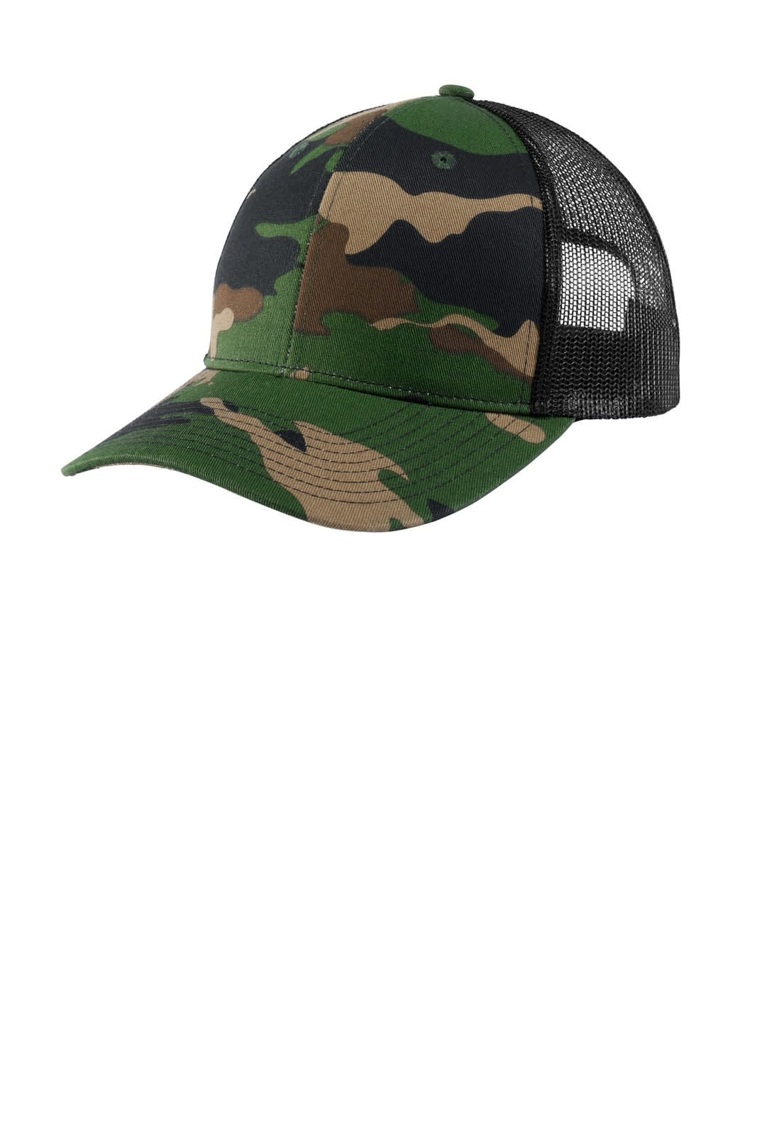 A camouflage snapback trucker cap featuring a green, brown, and black pattern with a mesh back and a logo.