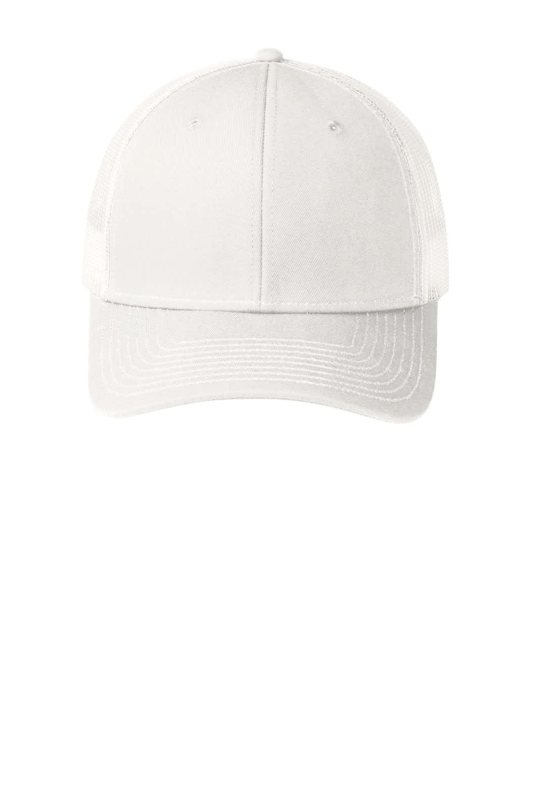 A white snapback trucker cap with a solid front and mesh back, featuring a logo on the front.