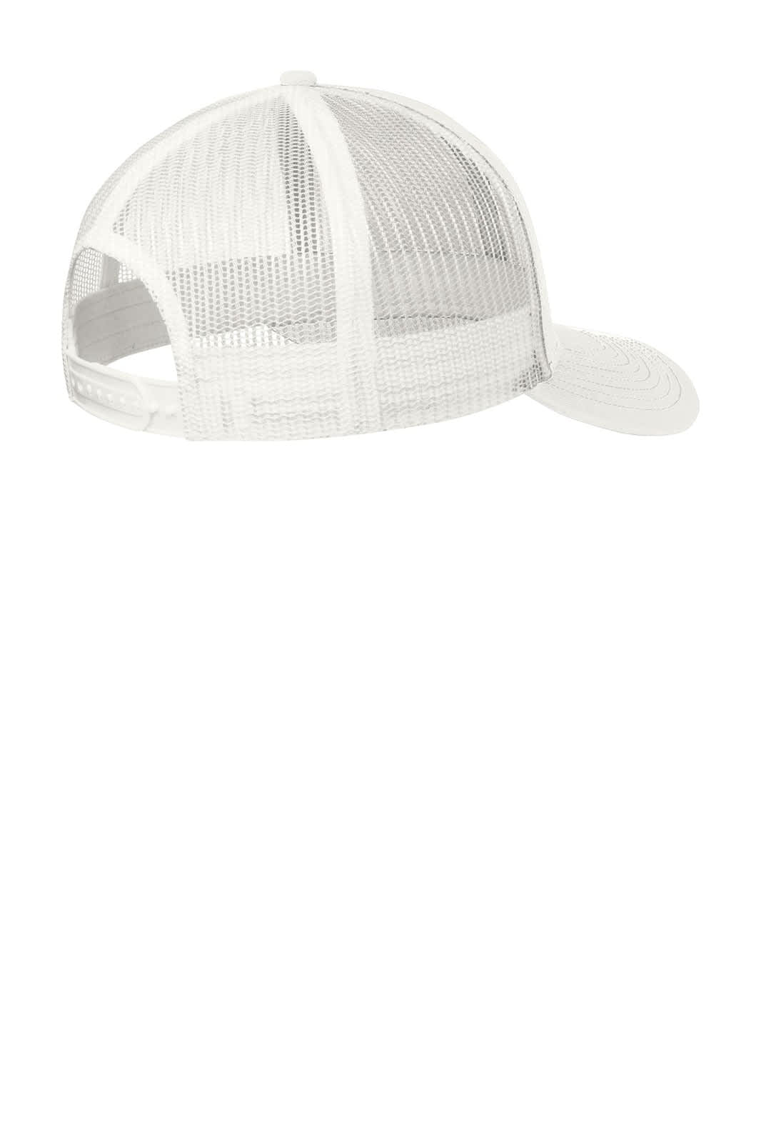 A white snapback trucker cap featuring a mesh back and a curved brim. It has a logo on the side.