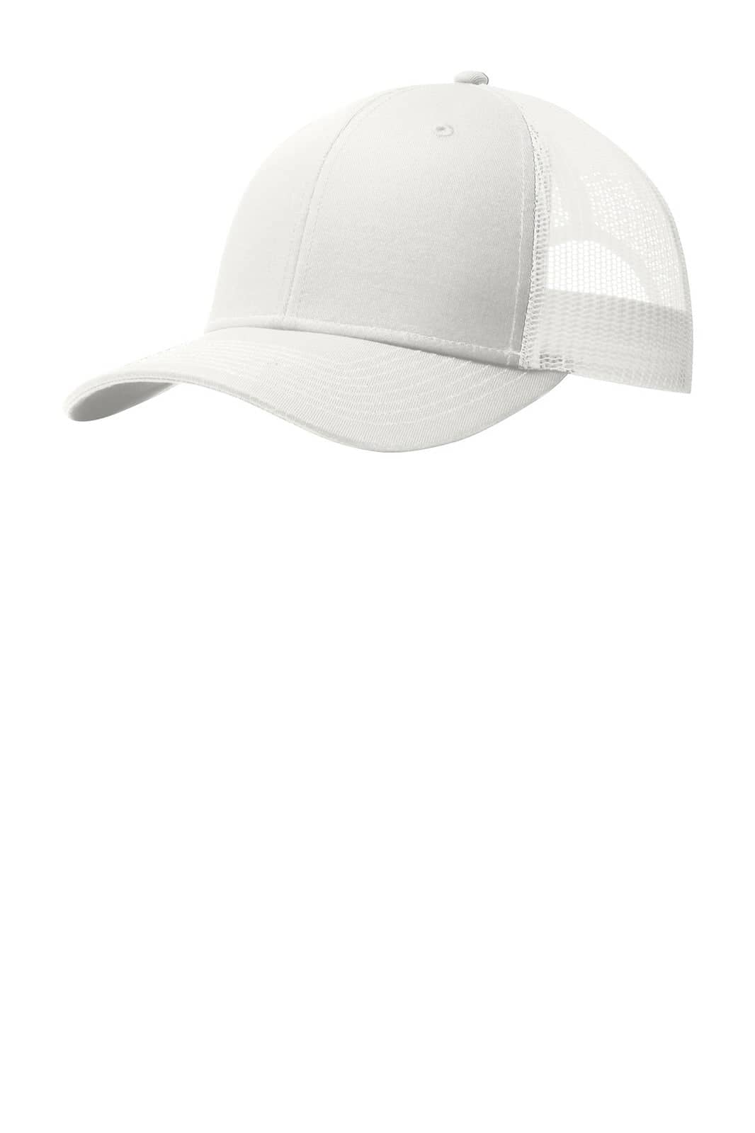 A white Port Authority Snapback Trucker Cap with a mesh back and a logo on the front.