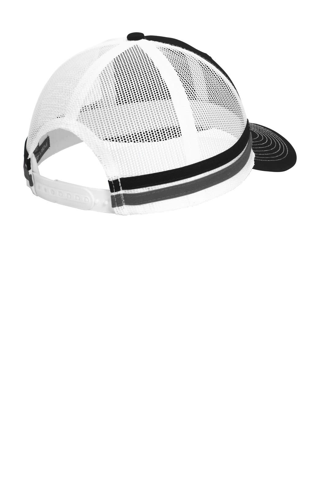 A black and white trucker cap featuring mesh panels and two horizontal stripes. It has an adjustable snapback closure.