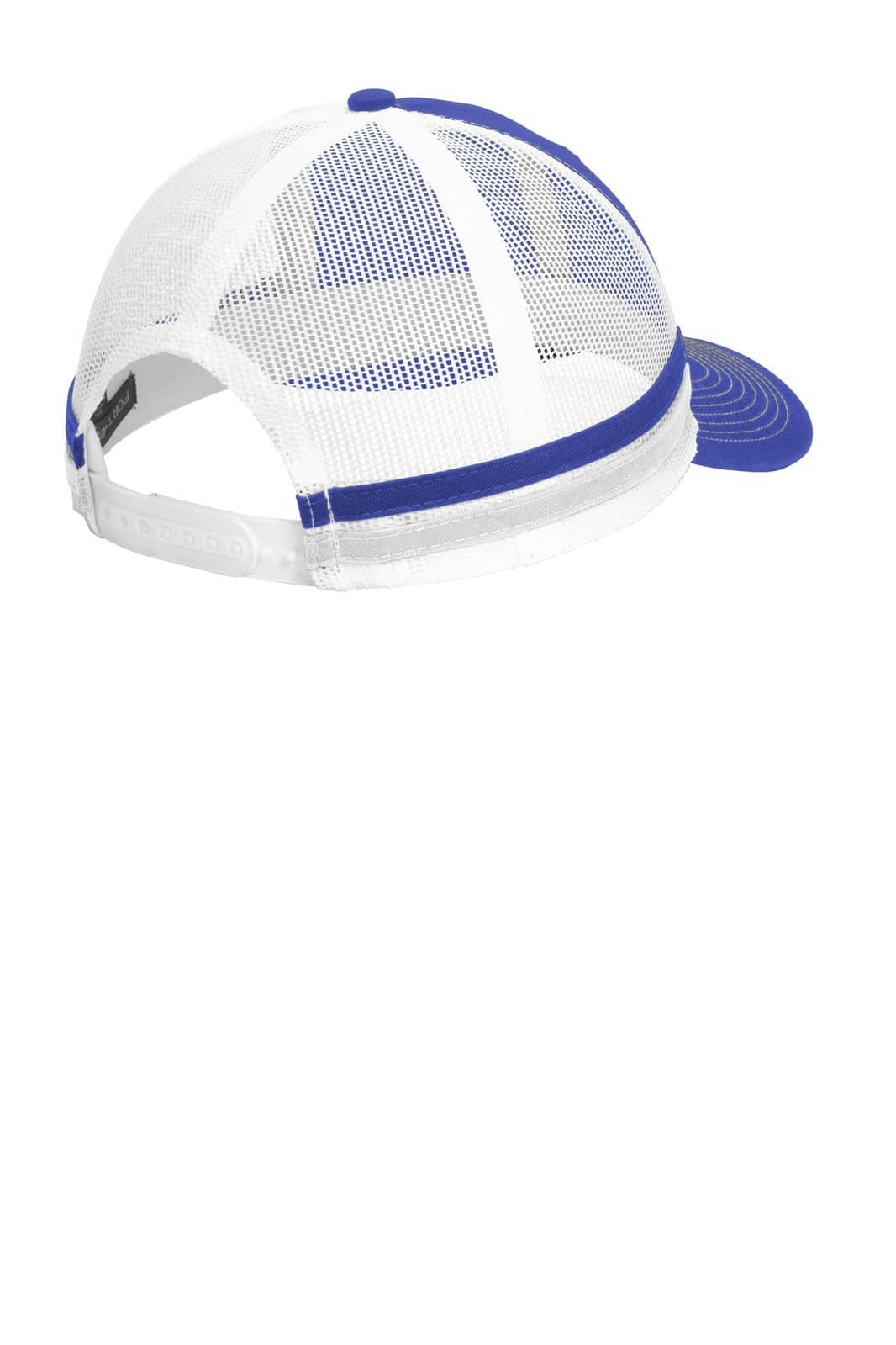 A white and blue two-stripe snapback trucker cap featuring a mesh back and adjustable strap.