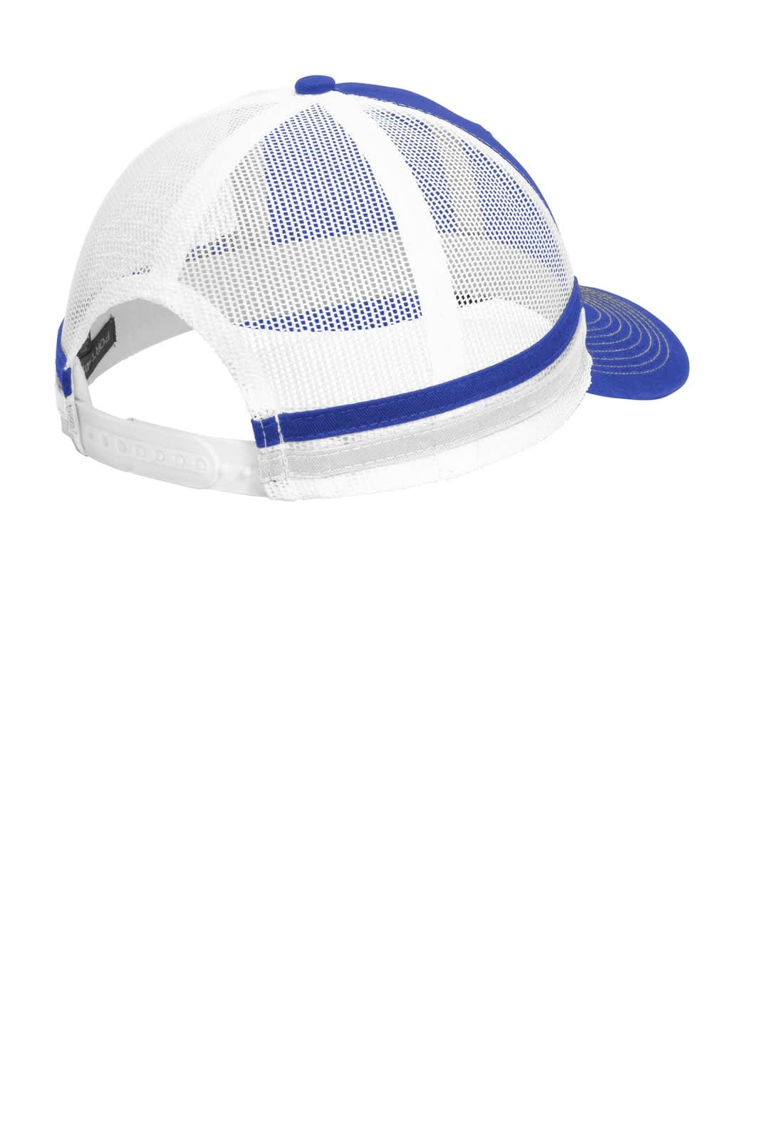 A blue and white two-stripe snapback trucker cap featuring a mesh back and a branded logo.