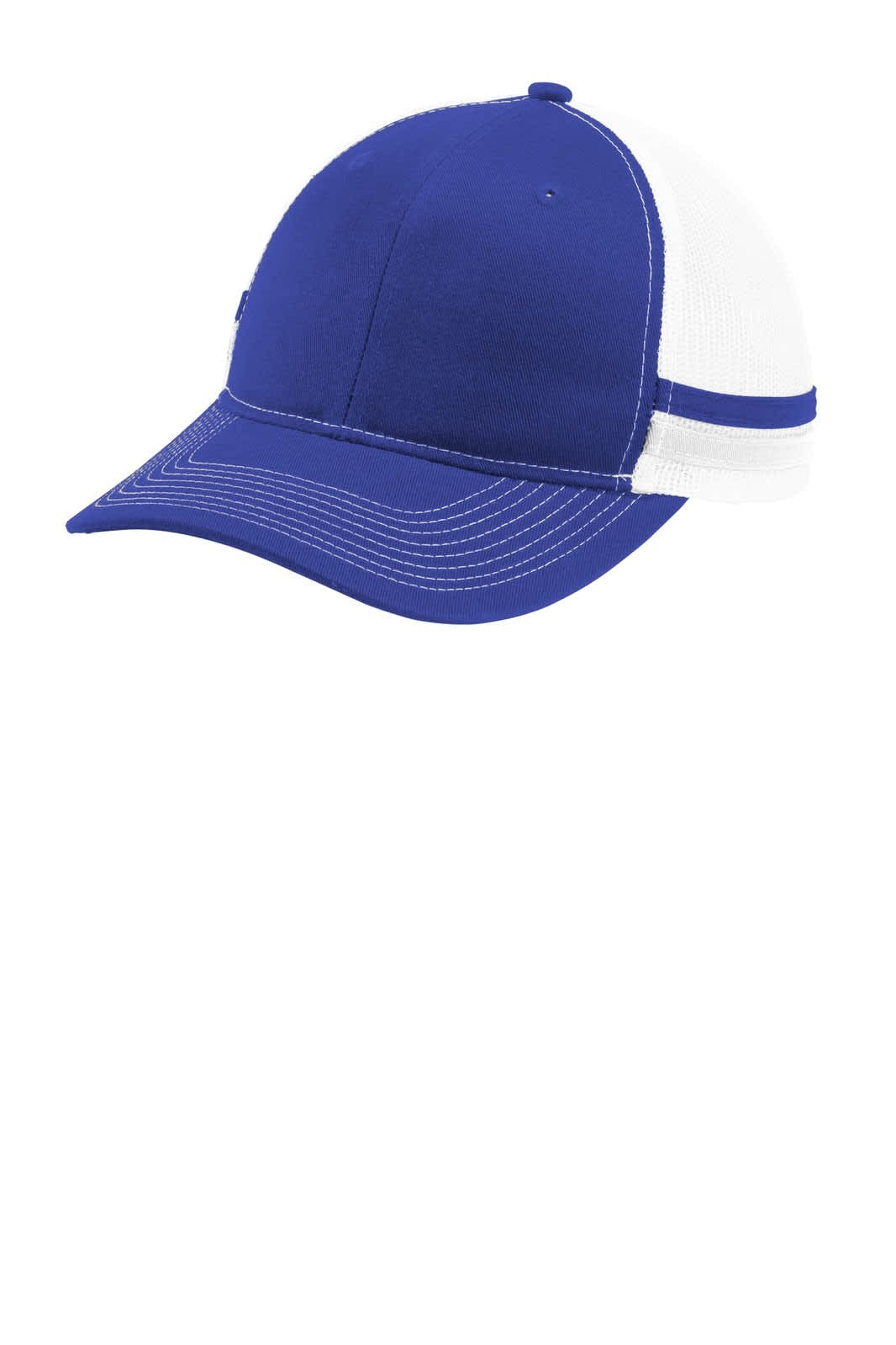 A blue and white two-stripe snapback trucker cap with a mesh back and a logo on the side.