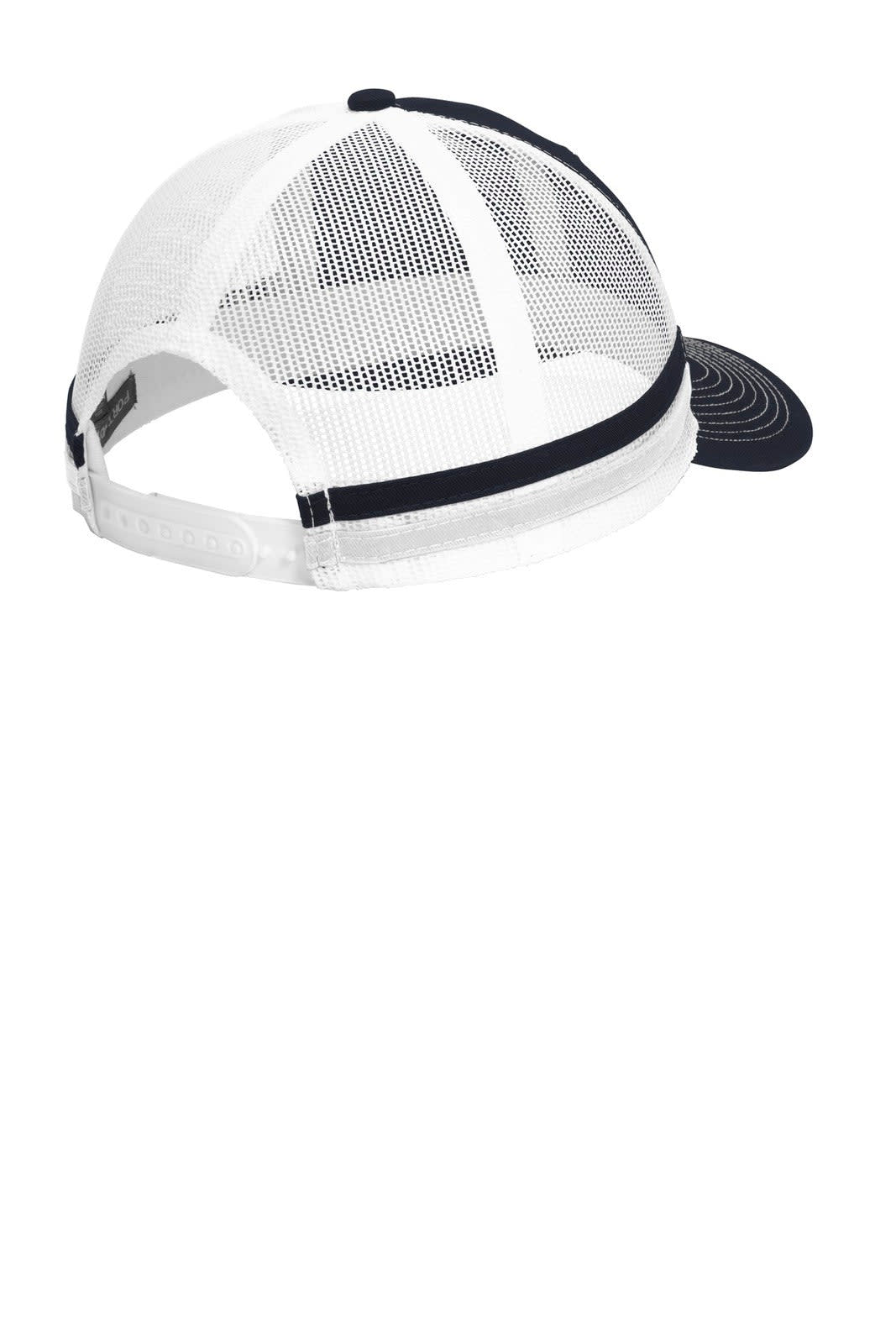 A two-stripe snapback trucker cap featuring a navy brim and white mesh back, with a logo present.