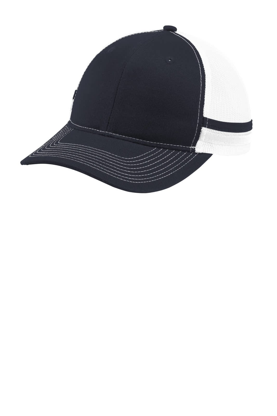 A navy and white two-stripe snapback trucker cap with a structured front and mesh back. Features a logo.