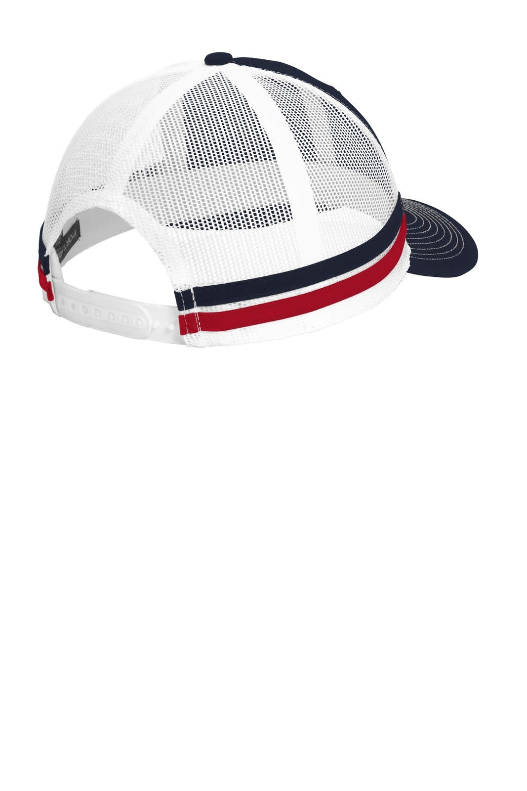 A two-tone navy and red snapback trucker cap with a mesh back and adjustable strap. Features a logo.