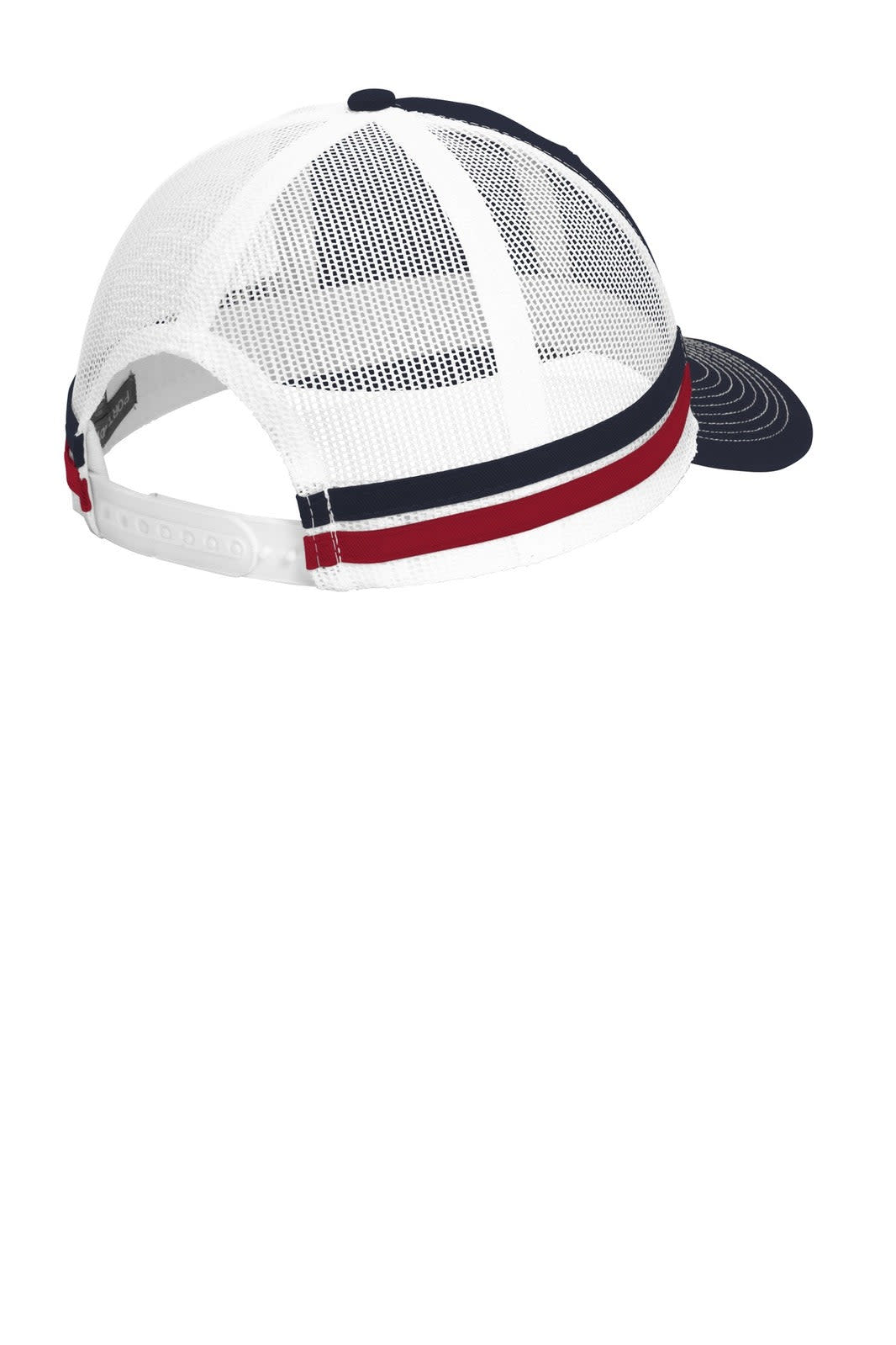 A two-stripe snapback trucker cap in white, navy, and red with a mesh back and adjustable strap.