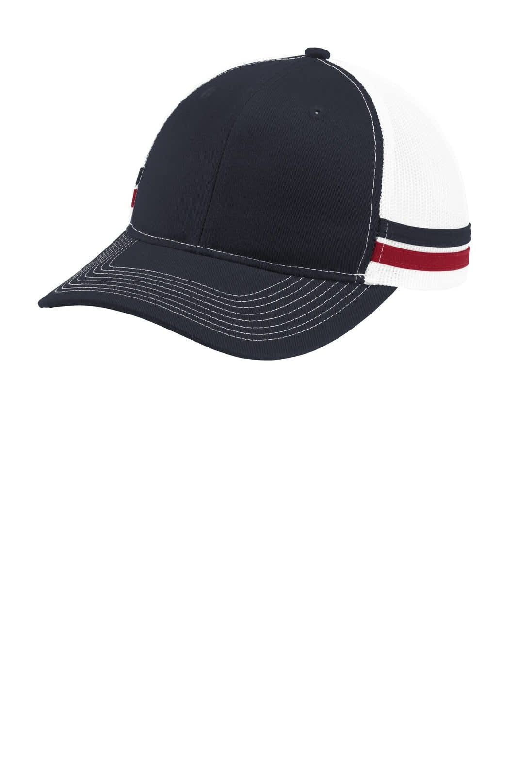 A navy blue and white trucker cap with two red stripes and a logo on the side.