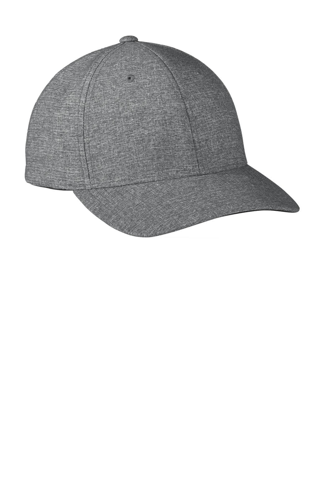 A grey performance snapback cap with a structured front, featuring a logo on the side.