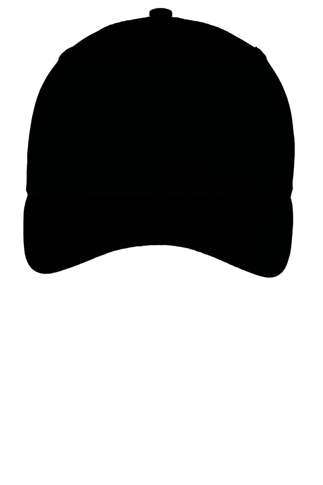 A black cap featuring a curved brim and a rounded crown, equipped with a logo on the front.