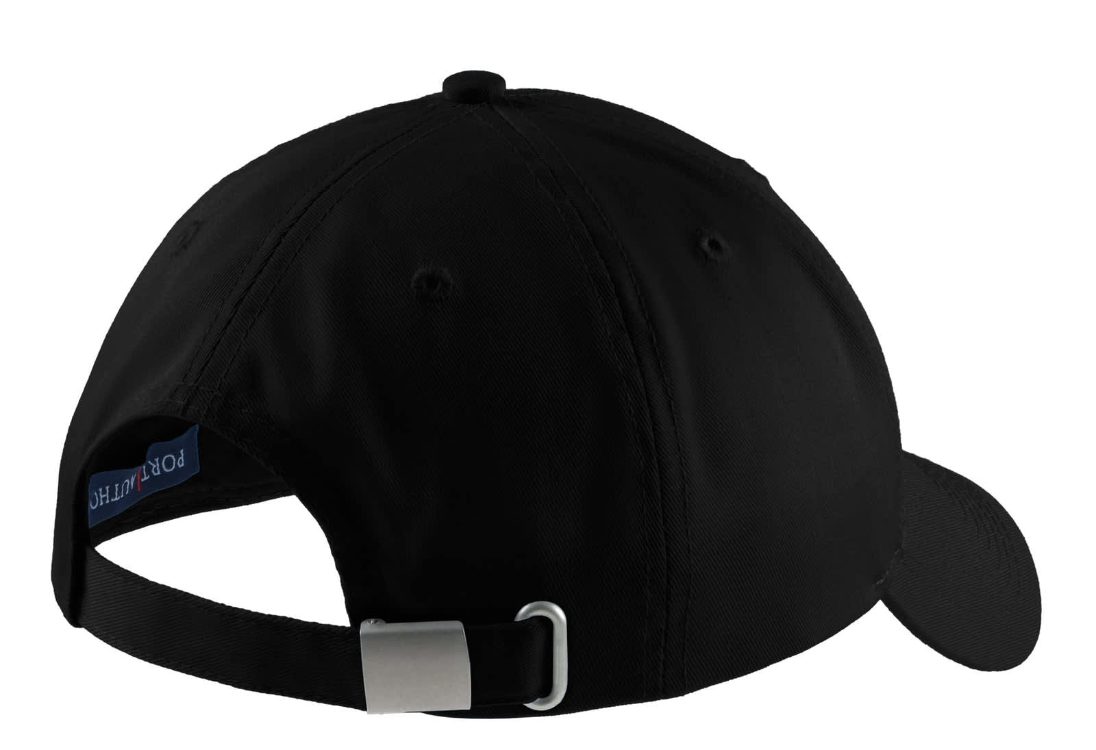 A black cap with a curved brim, featuring a strap adjustment on the back and a logo.