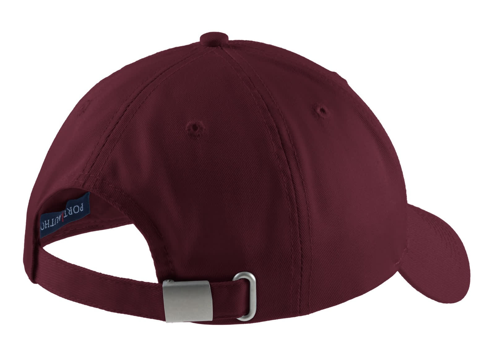 A maroon cap with an adjustable strap at the back and a logo on the side.