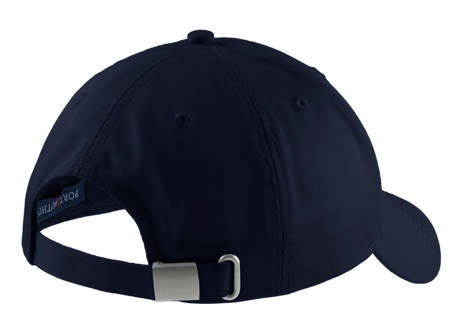 A navy blue cap with a curved brim and an adjustable strap at the back. It features a logo.