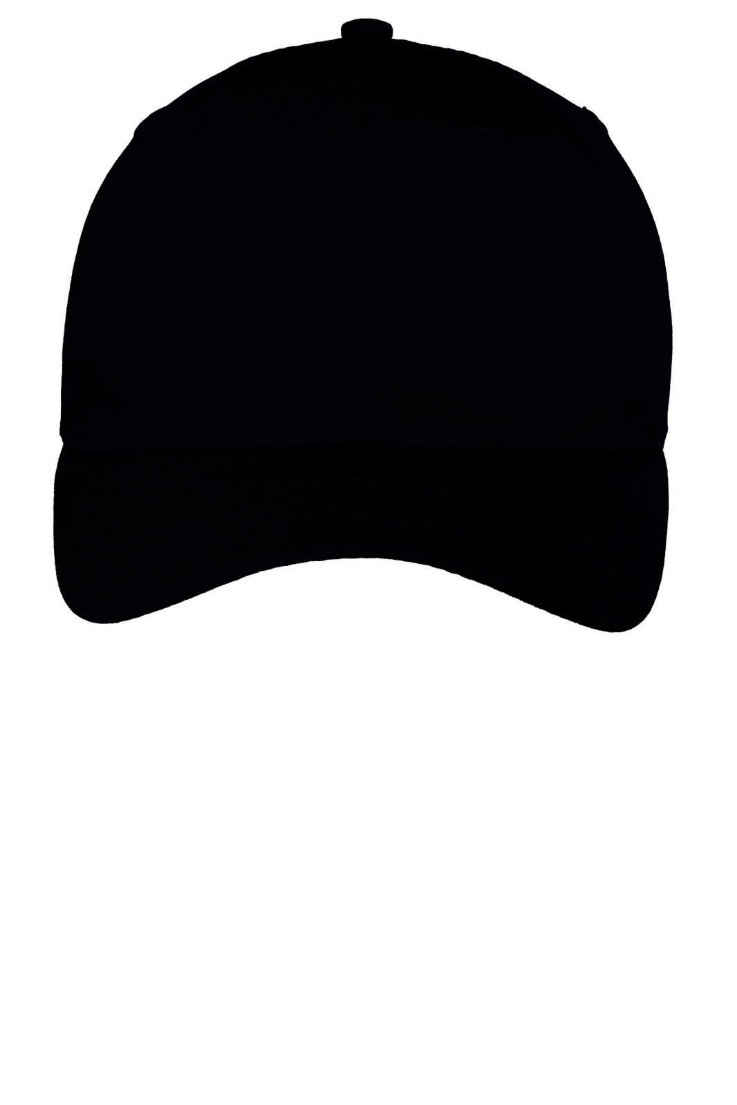 A black cap with a curved peak and a rounded top, featuring a logo on the front.