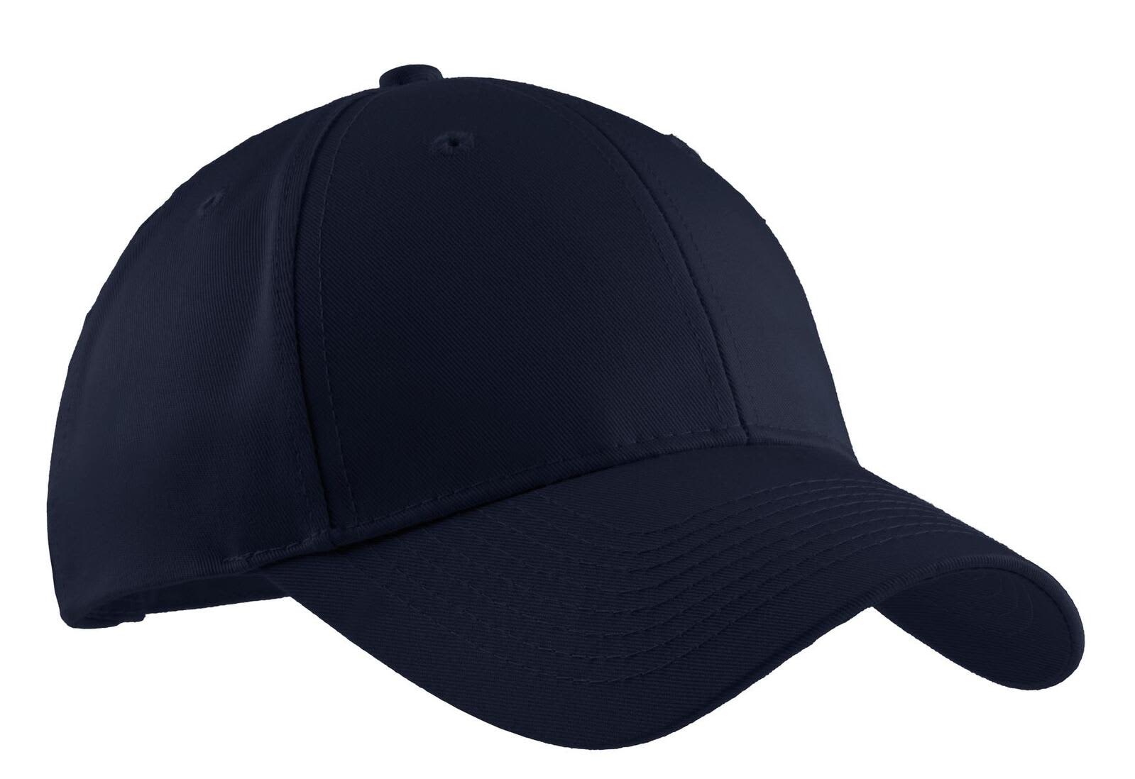 A navy blue cap with a curved brim, featuring a logo on the front and ventilation holes on the sides.