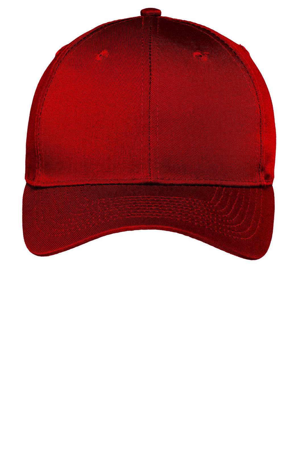 A red cap with a structured front and a curved brim, featuring a logo on the front.