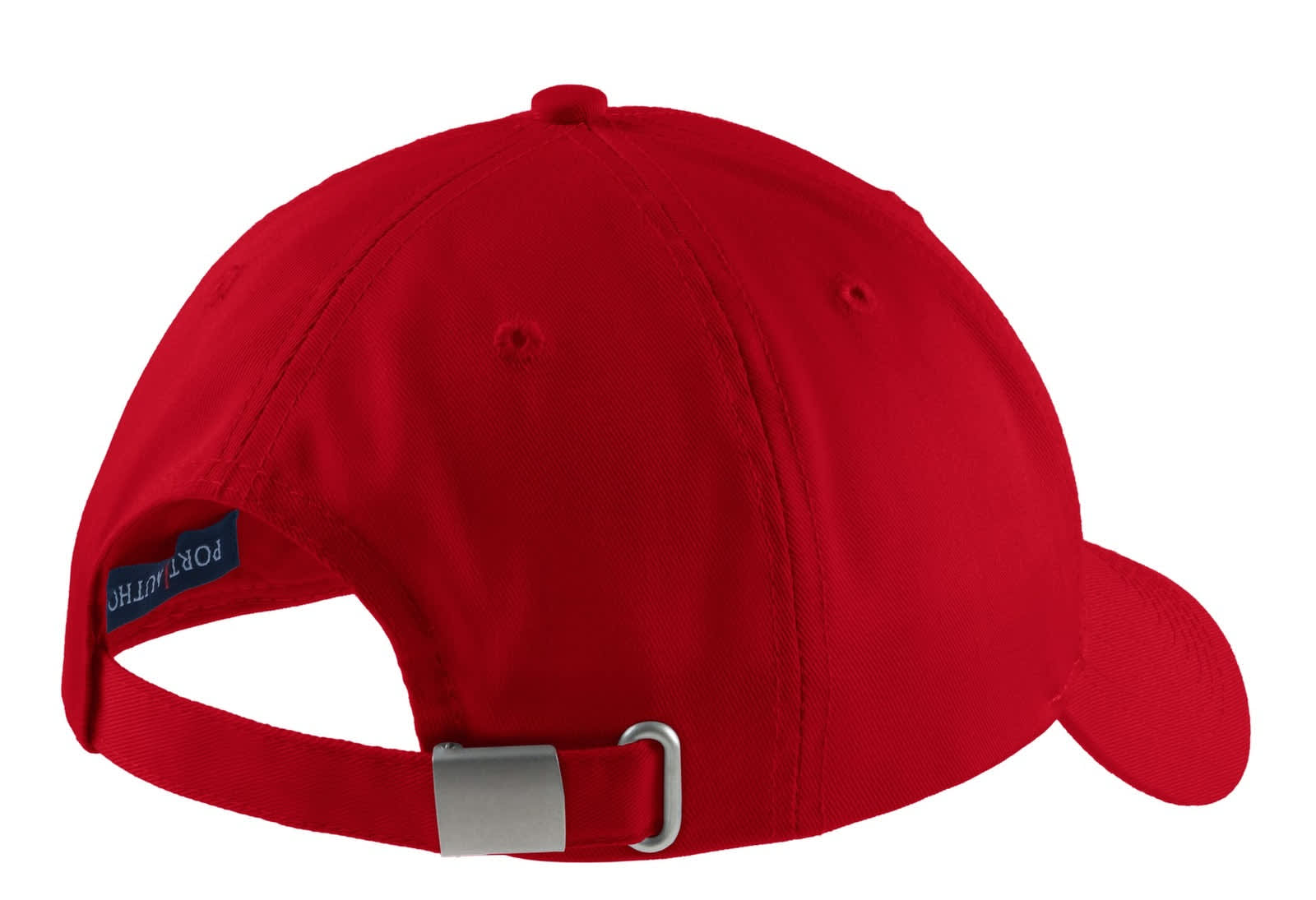 A red cap featuring a branded logo on the back and an adjustable strap for a secure fit.