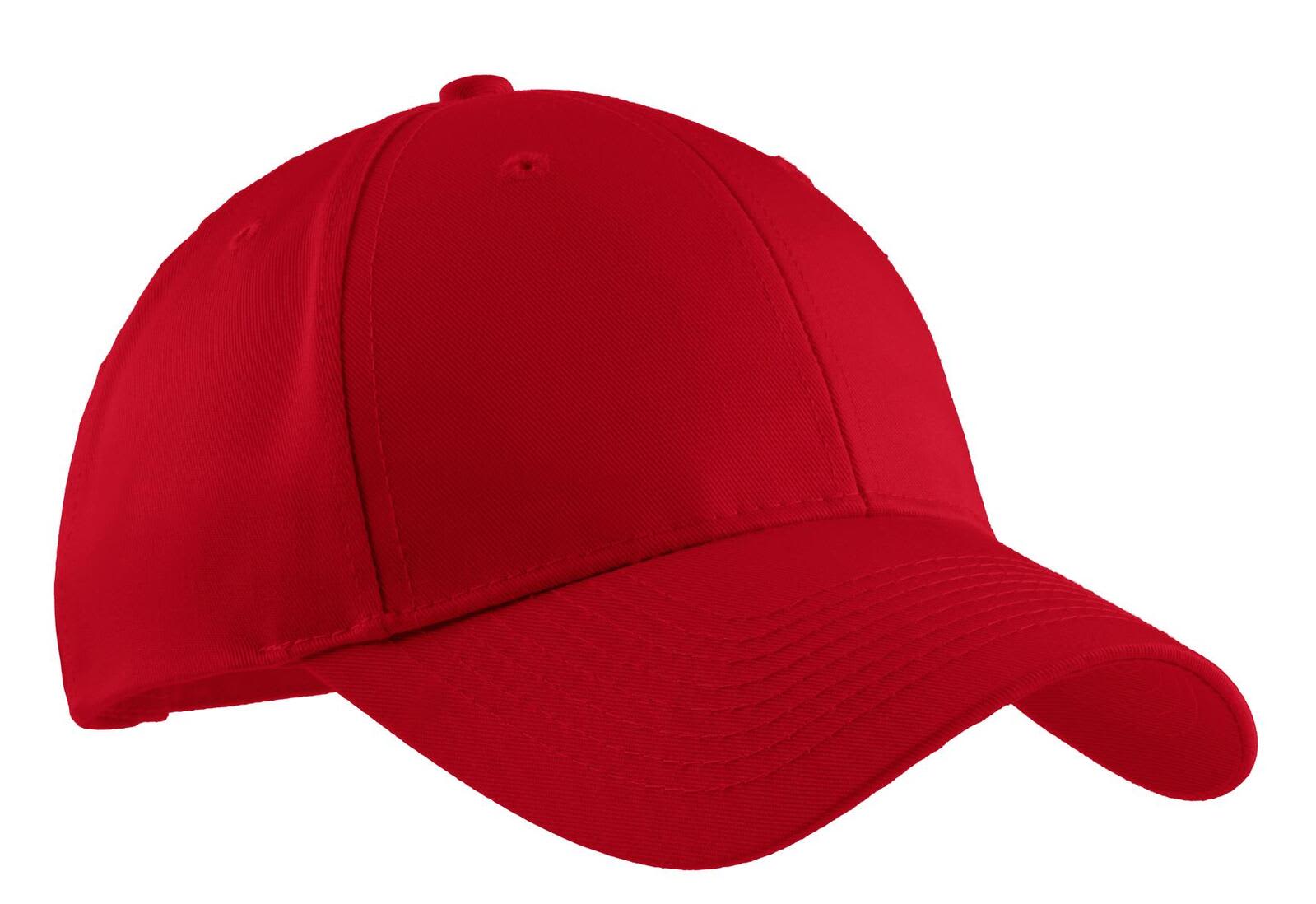 A red cap with a curved brim and an adjustable strap at the back, featuring a logo on the front.