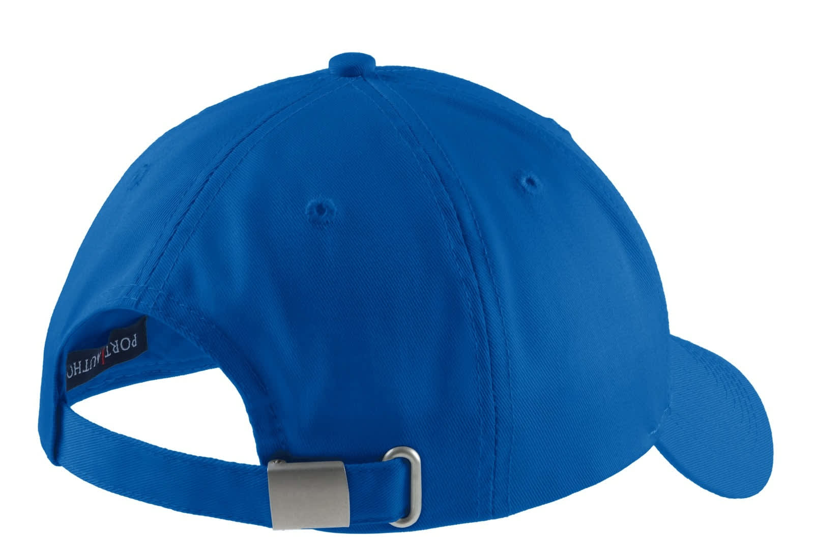 A blue cap with a curved brim and an adjustable strap at the back. It features a logo.