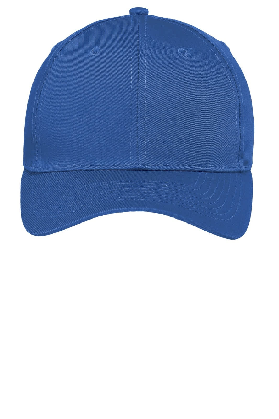 A blue cap with a structured front and a curved brim, featuring a logo on the front.