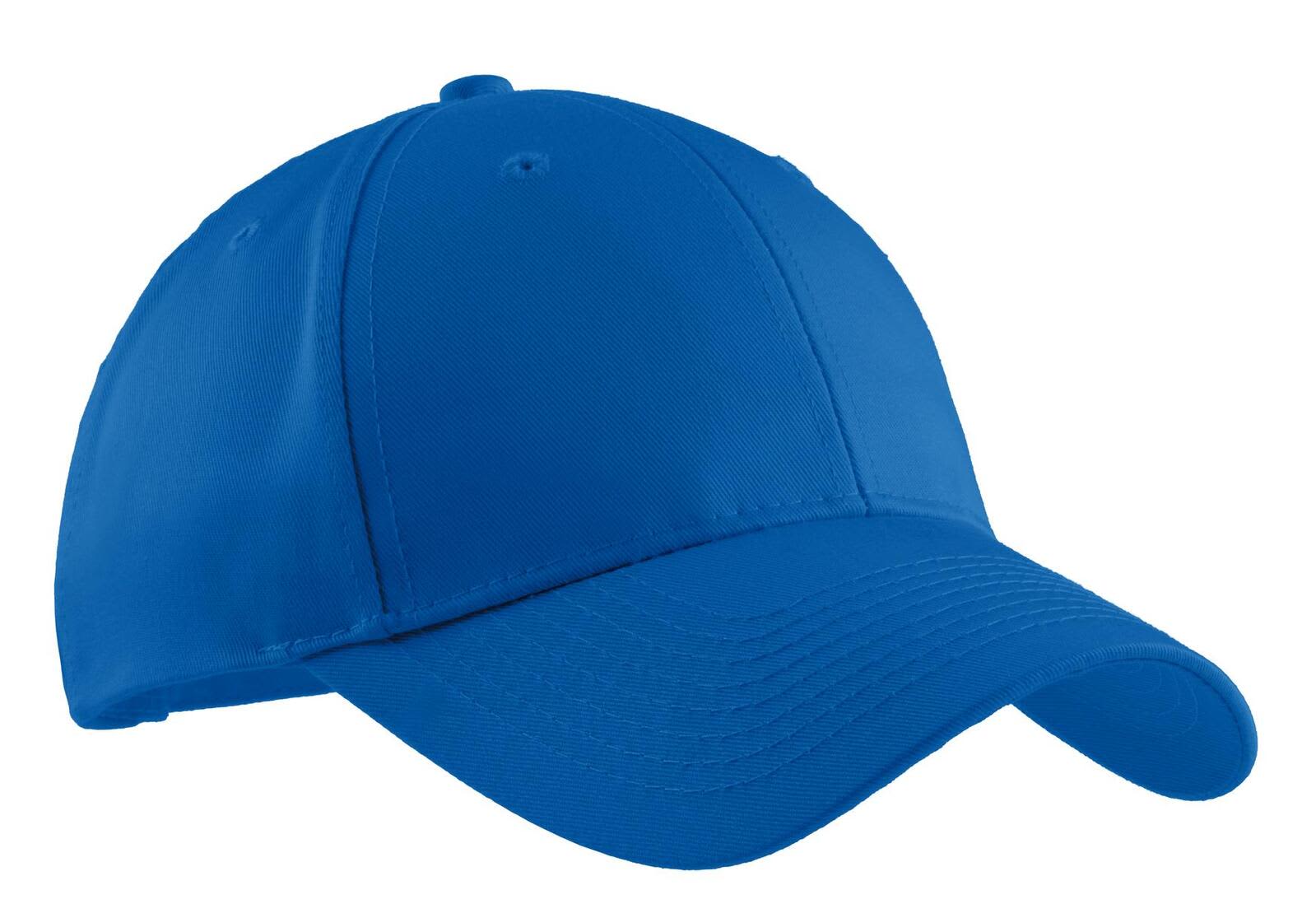A blue cap with a curved brim and a logo on the front, featuring a classic, unstructured design.