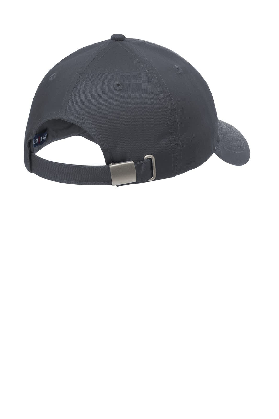 A grey cap with a curved brim and an adjustable strap at the back, featuring a logo.