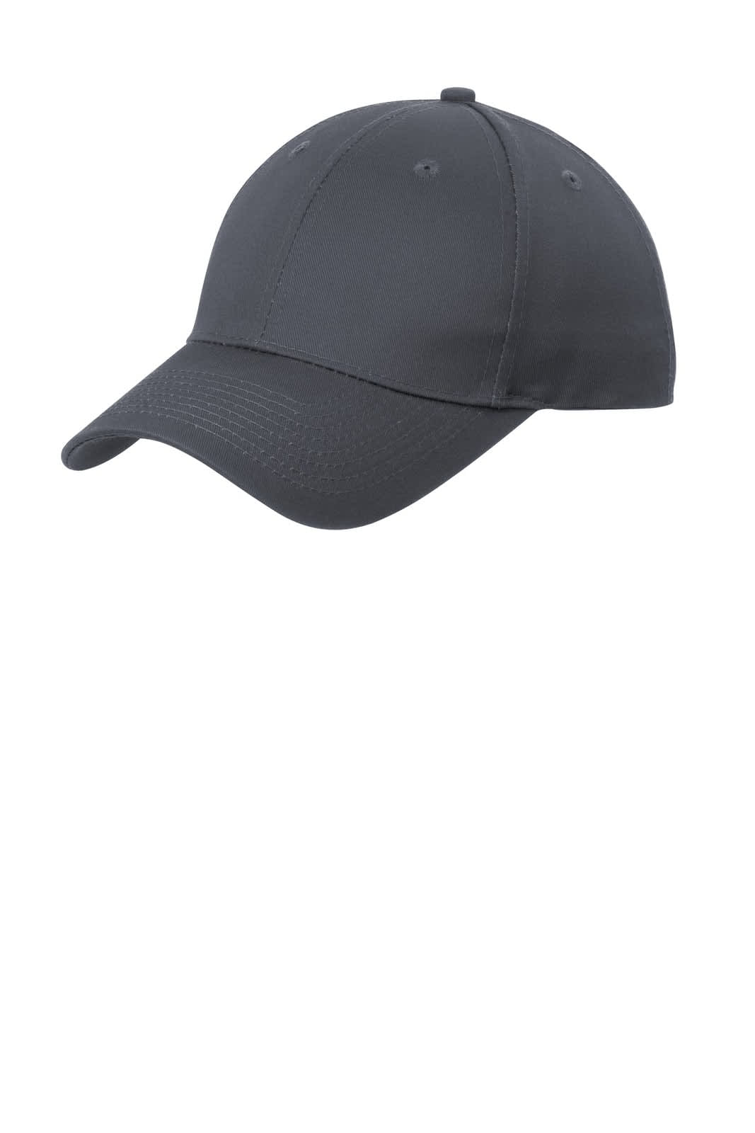 A dark grey cap with a curved brim, featuring six ventilation holes and a branded logo.