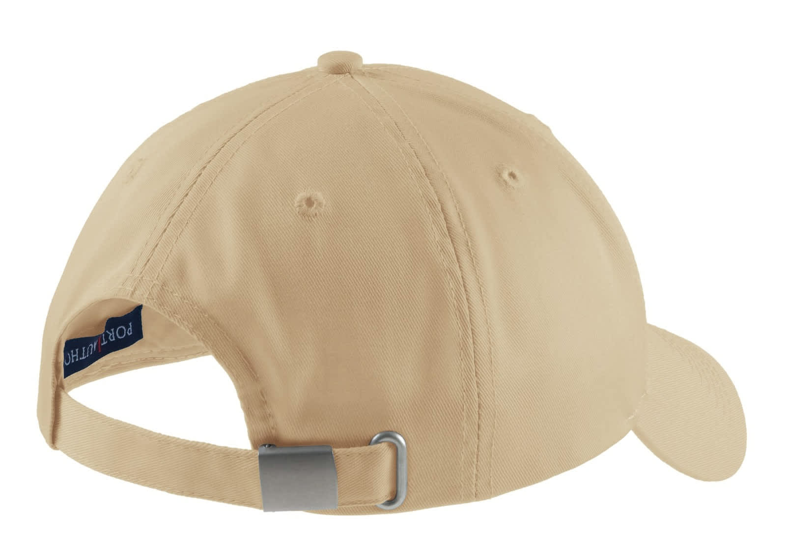A beige cap with a curved brim and adjustable strap at the back, featuring a logo.