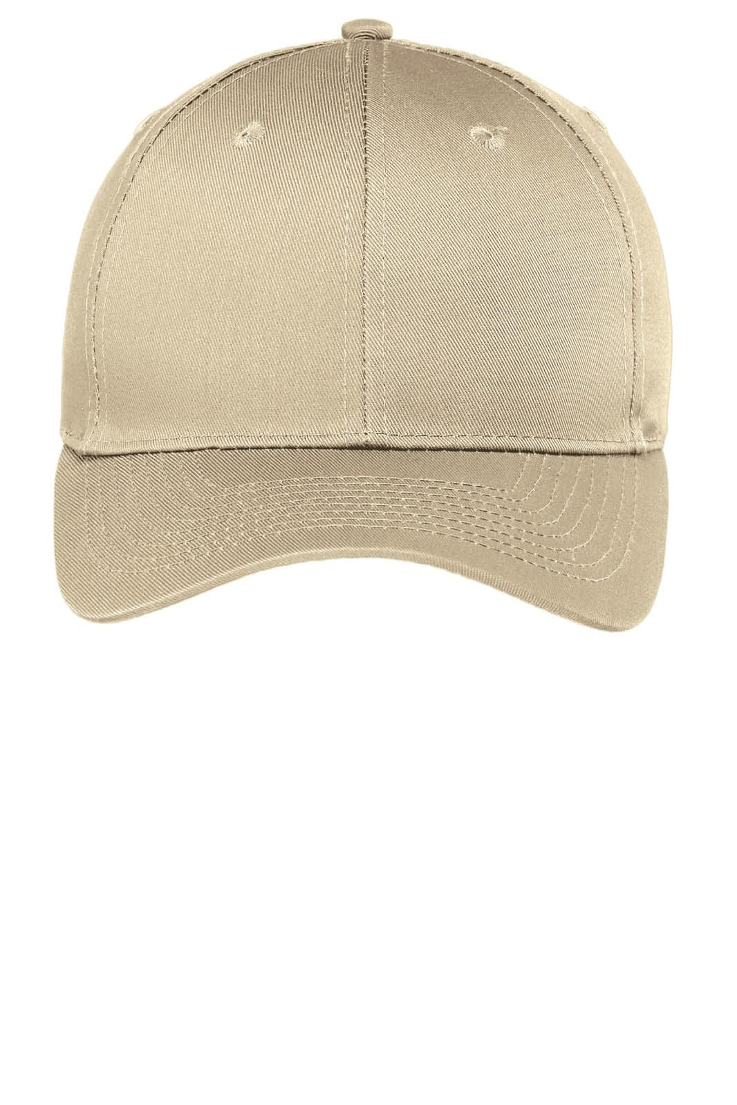 A beige cap with a structured front and a curved brim. It features vent holes and a logo on the side.