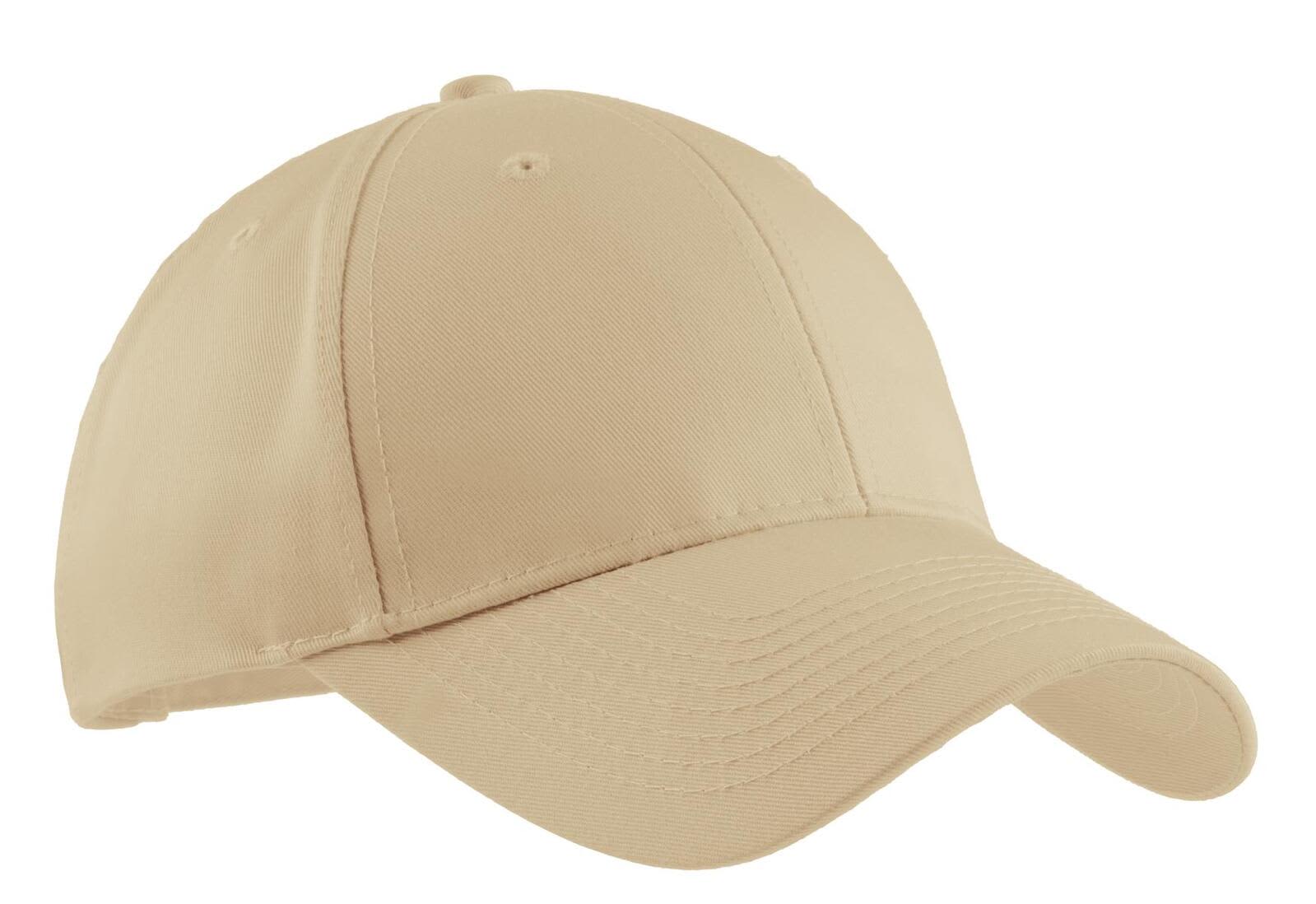 A beige cap with a rounded crown and a curved brim, featuring a logo on the front.