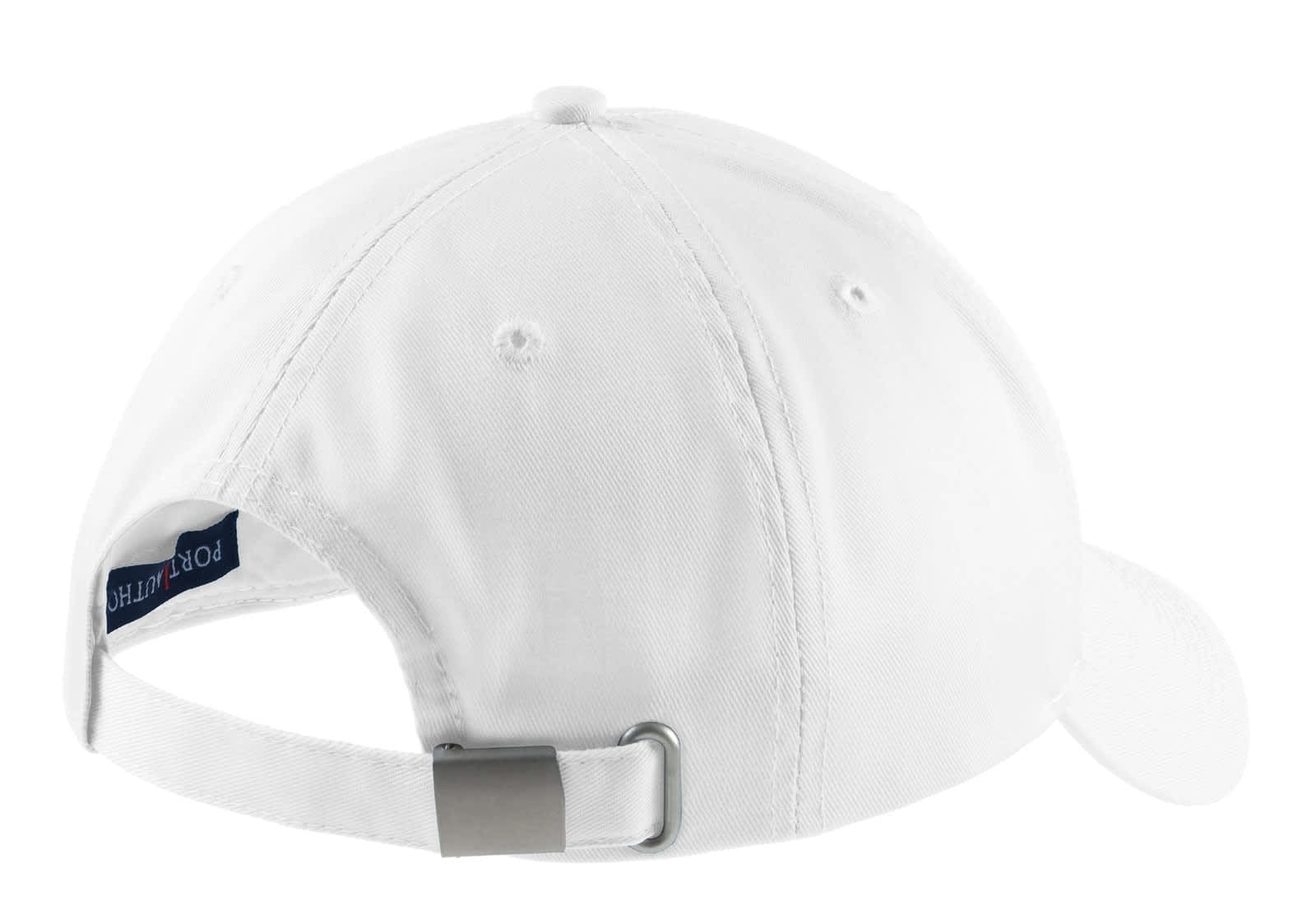 A white cap with an adjustable strap at the back, featuring a logo on the side.