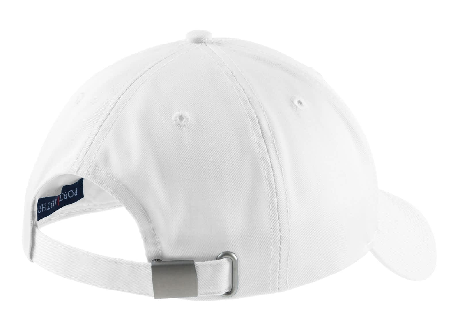 A white cap with a strap closure at the back and a logo on the inside.