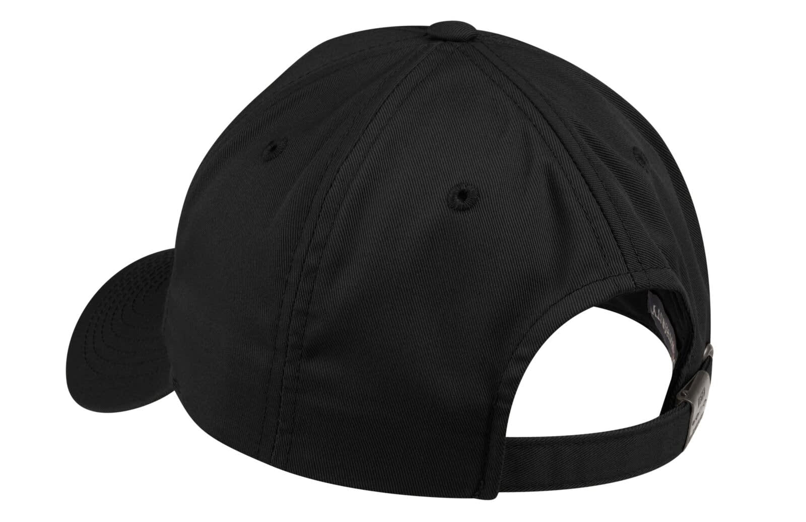 A black Port Authority Fine Twill Cap featuring a curved brim and an adjustable back strap. It has a logo.