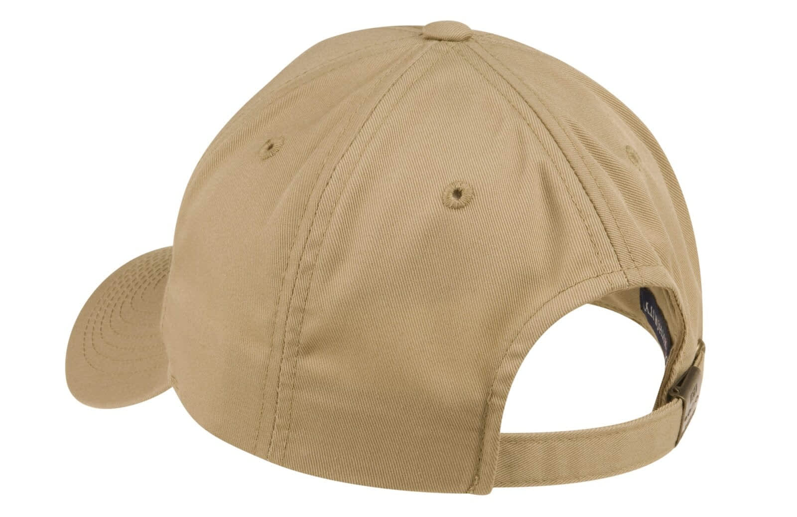 A beige cap featuring a curved peak and adjustable strap, with a logo on the back.