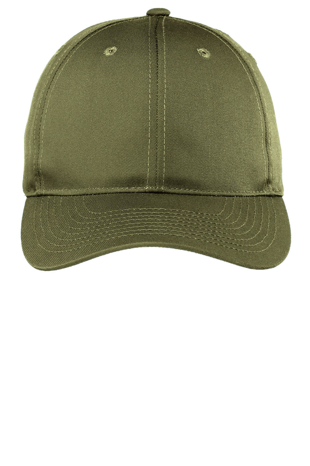 An olive green cap with a structured front panel and a curved brim, featuring a logo on the front.