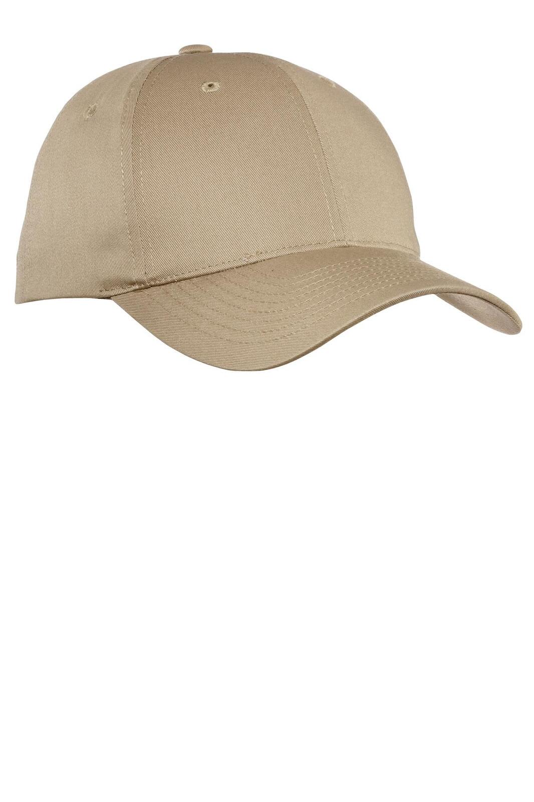 A beige cap with a curved brim, featuring stitching details and a logo on the front.