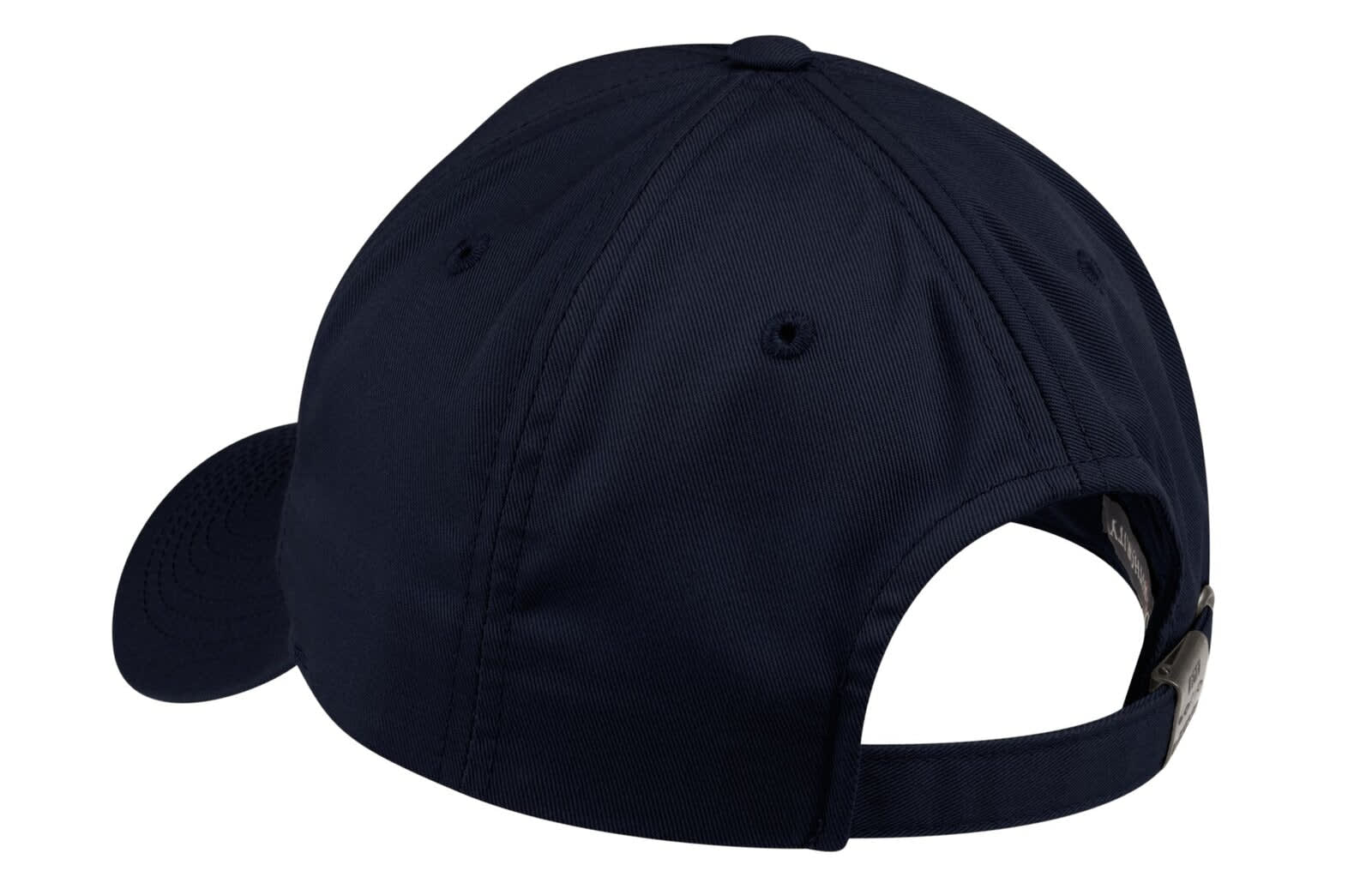 A navy fine twill cap featuring a back opening and a logo on the side.