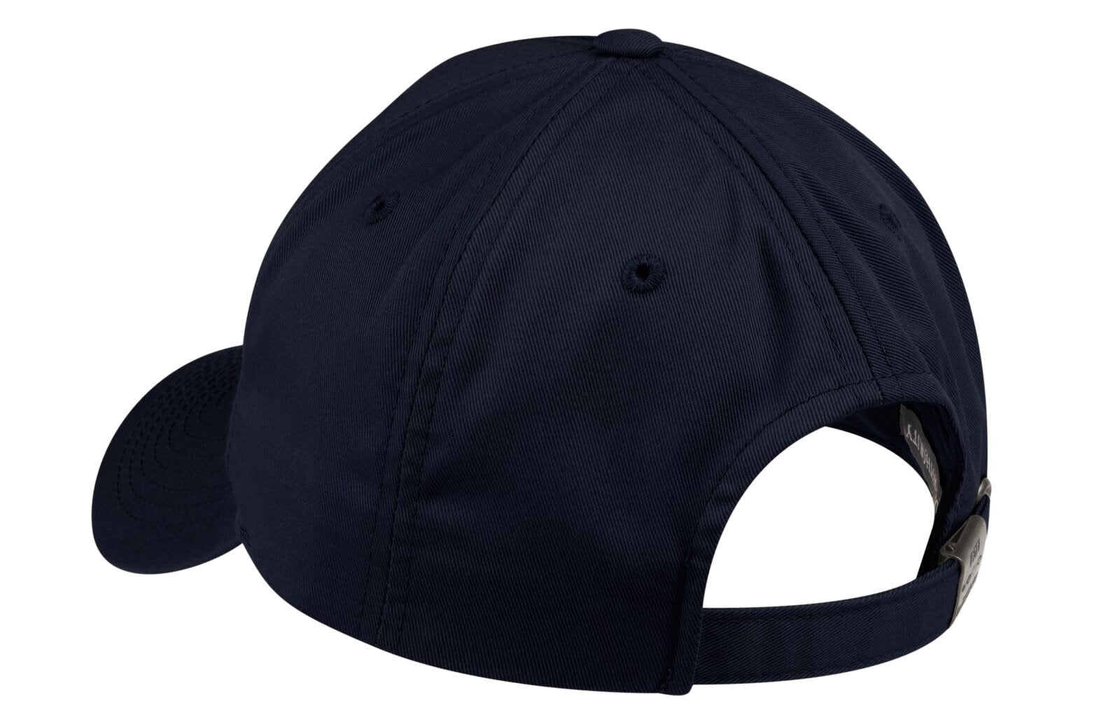 A dark navy cap with a back opening and adjustable strap, featuring a logo.