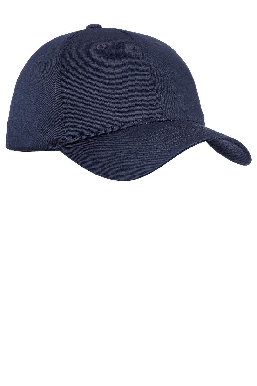 A navy blue fine twill cap with a structured design and curved brim, featuring a logo.