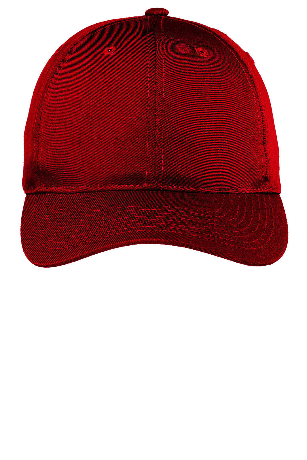 A red Port Authority Fine Twill Cap with a curved brim and an adjustable strap at the back. It features a logo.