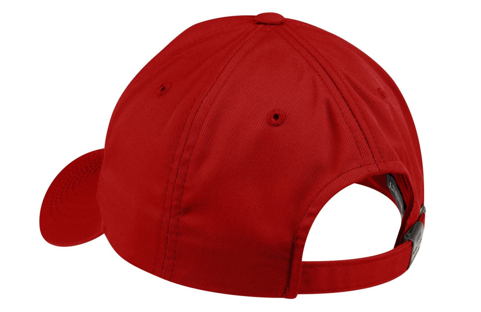A red Port Authority Fine Twill Cap featuring a curved brim and an adjustable back strap, with a logo present.