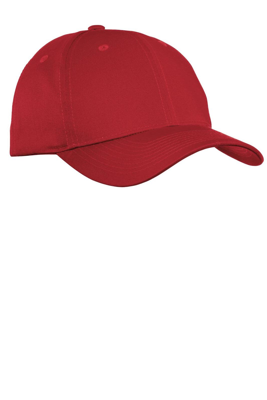 A red fine twill cap featuring a structured design and a logo on the front.