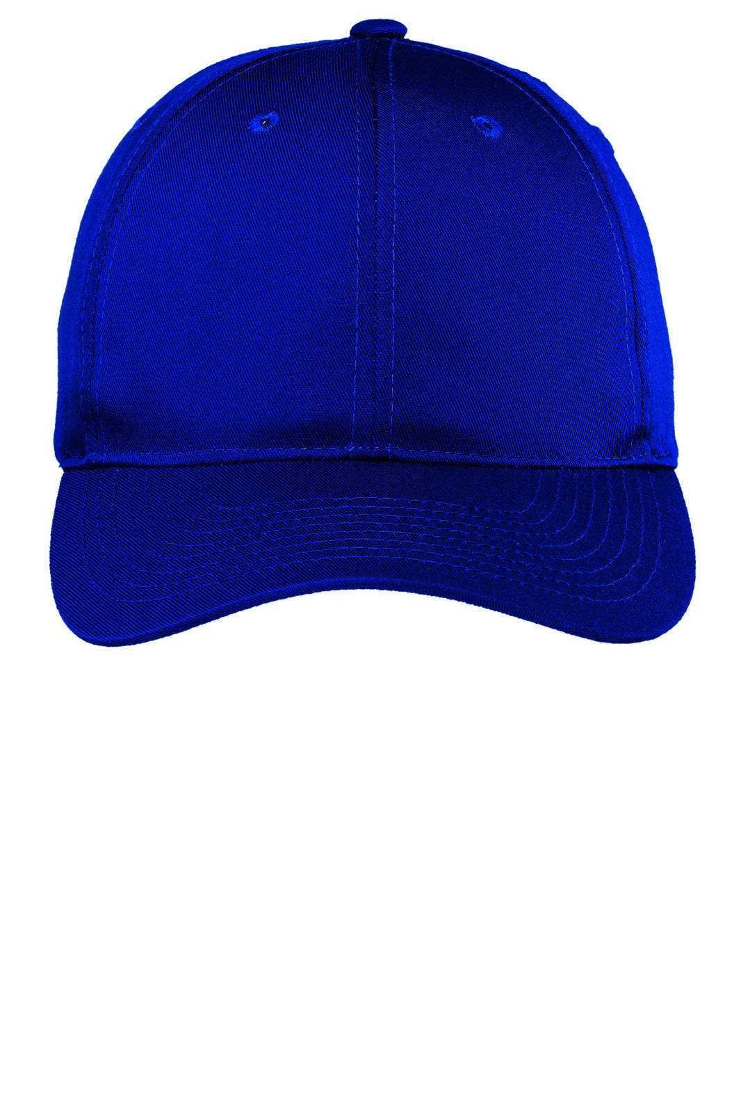 A blue fine twill cap with a structured design and a logo on the front.
