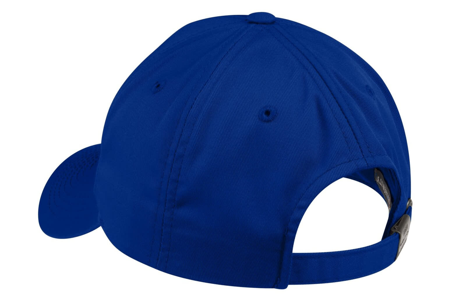A blue cap with a curved brim and an adjustable strap at the back, featuring a logo.