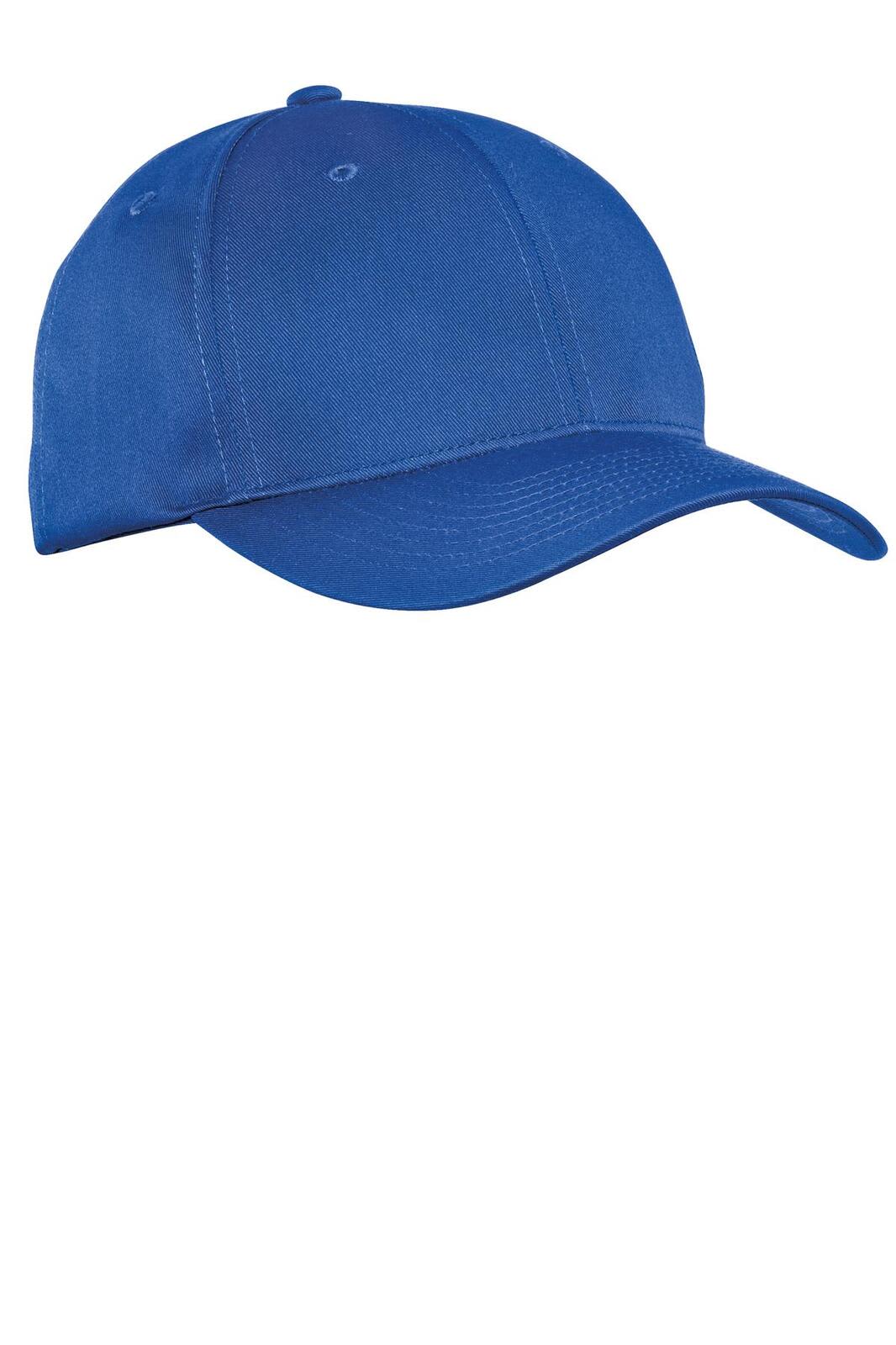 A blue cap with a curved brim and a vented design, featuring a logo on the front.