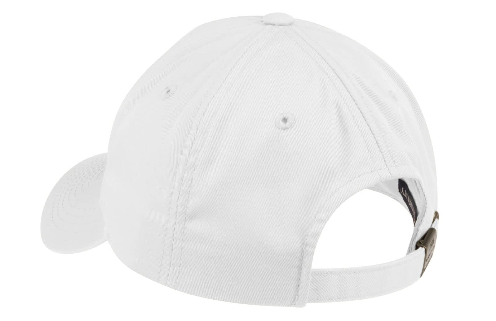 A white fine twill cap featuring a curved brim and an adjustable strap at the back, with a logo detail.