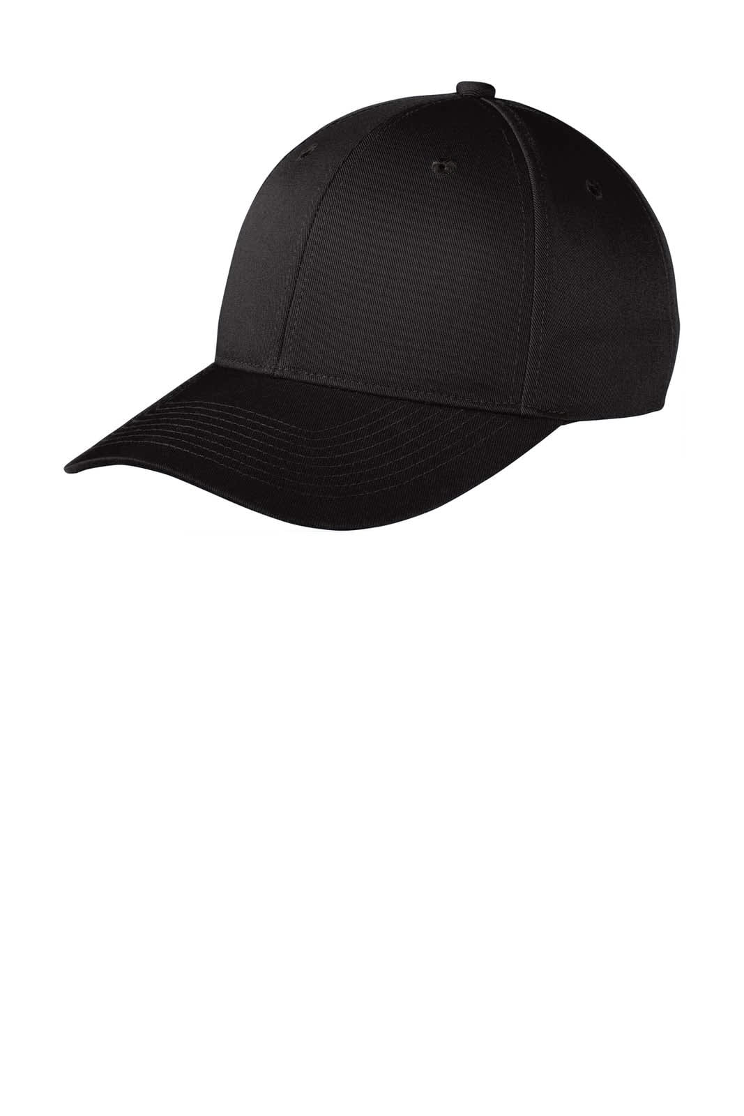 A black snapback cap with a curved brim and a smooth finish, featuring ventilation holes and a logo.