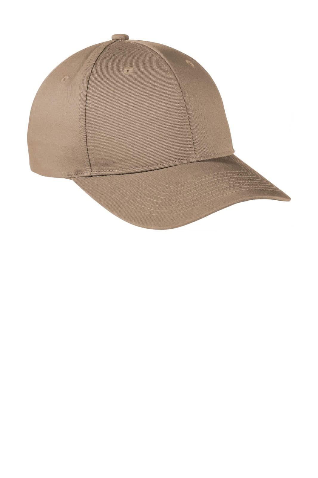 A tan snapback cap with a curved brim and a logo on the front. The cap features a fine twill fabric.