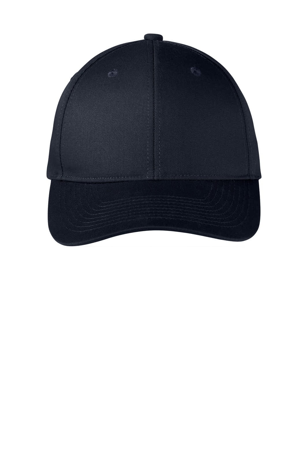 A navy blue snapback cap with a structured design and a logo on the front.